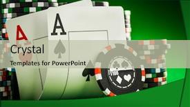  Presentation with poker chips - Colorful PPT layouts enhanced with stack of chips and two aces on the table on the green baize - poker game concept backdrop and a mint green colored foreground