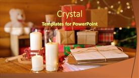  Presentation with christmas candles - PPT theme consisting of stack of christmas letters burning candles and pile of giftboxes on background of room interior background and a tawny brown colored foreground