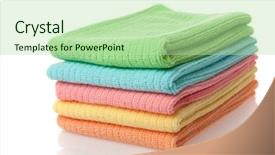  Presentation with kitchen towel - PPT theme with stack of colorful microfiber towels background and a mint green colored foreground