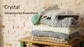  Presentation with knitted clothes - Cool new slide deck with stack of cozy knitted clothes on a wooden stand backdrop and a lemonade colored foreground