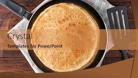  Presentation with frying - Slide deck with stack of delicious thin pancakes on frying pan top view background and a gold colored foreground