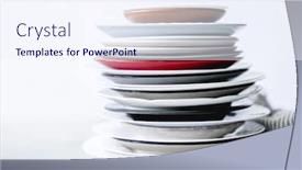  Presentation with porcelain - Cool new PPT theme with stack-of-different-porcelain-plates backdrop and a sky blue colored foreground