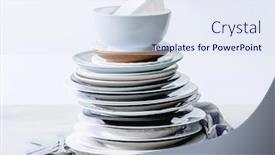  Presentation with porcelain - Theme consisting of stack-of-different-porcelain-plates background and a sky blue colored foreground