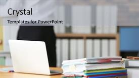  Presentation with employee - Slide deck with stack of documents on office background and a light gray colored foreground