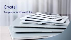  Presentation with tech stack - PPT theme featuring stack of electronic device background and a sky blue colored foreground