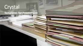  Presentation with files - Amazing PPT theme having stack of files on desk backdrop and a gray colored foreground