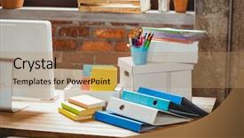  Presentation with files - Slide deck consisting of stack of files on table background and a coral colored foreground