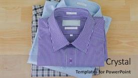  Presentation with clothing wooden clothes hanger object - Cool new PPT theme with stack of folded checked clothes backdrop and a  colored foreground