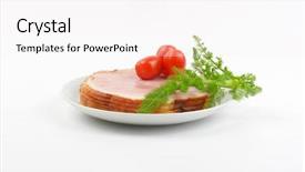  Presentation with cherry - PPT theme having stack of ham slices cherry tomatoes and dill on white plate background and a white colored foreground