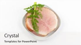  Presentation with stack - Slide set consisting of stack of ham slices and dill on white plate background and a sky blue colored foreground