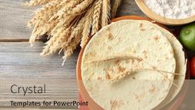  Presentation with whole wheat flour - Presentation theme featuring stack of homemade whole wheat flour tortilla and vegetables on plate on wooden table background background and a coral colored foreground