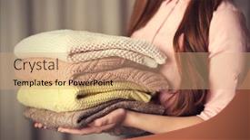  Presentation with knitted clothes - Colorful slide deck enhanced with stack of knitted clothes in female hands closeup backdrop and a coral colored foreground