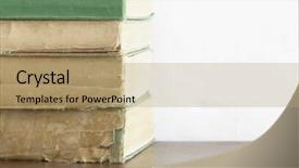  Presentation with stack books - PPT theme enhanced with stack of old books on wooden chest close up background and a coral colored foreground