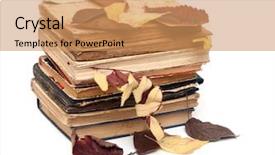  Presentation with stack books - Cool new slide set with stack of old books with autumn leaf on a white background backdrop and a coral colored foreground