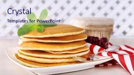  Presentation with bank - PPT theme consisting of stack of pancakes on plate with bank of jam on table and wooden lattice background background and a sky blue colored foreground