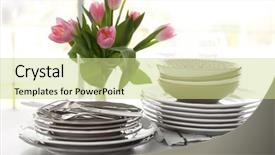  Presentation with cutlery - Presentation design consisting of stack of plates cutlery with bouquet of tulips on a table background and a soft green colored foreground