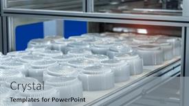  Presentation with molding machine - Slide deck with stack-of-polypropylene-food-containers background and a light blue colored foreground