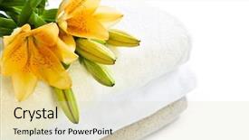  Presentation with stack - Colorful slide deck enhanced with stack of soft towels isolated on white background backdrop and a soft green colored foreground