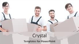  Presentation with moving up - Beautiful PPT layouts featuring stack photos - photo workers holding boxes when backdrop and a  colored foreground