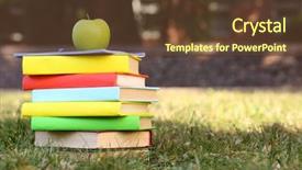  Presentation with books - Beautiful PPT theme featuring stacked books in grass outside backdrop and a tawny brown colored foreground