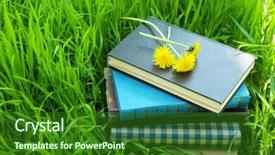  Presentation with books - Presentation theme featuring stacked books in grass outside background and a forest green colored foreground