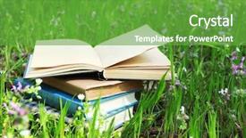  Presentation with fairy tale - Cool new presentation design with stacked books in grass outside backdrop and a tawny brown colored foreground