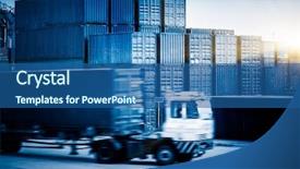  Presentation with truck - Presentation theme featuring stacked containers and passing truck at harbor blue toned image background and a ocean colored foreground