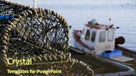  Presentation with fishing boats - Colorful presentation theme enhanced with stacked lobster baskets with out of focus fishing boats backdrop and a tawny brown colored foreground