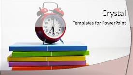  Presentation with tan book stack stacks of books - Colorful slide deck enhanced with alarm clock on a stack backdrop and a  colored foreground
