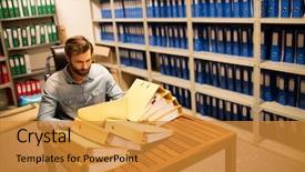  Presentation with files - Audience pleasing PPT layouts consisting of serious businessman looking at stack of files on table in storage room backdrop and a gold colored foreground