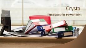  Presentation with office desk reception - Colorful PPT theme enhanced with archive tape - stacks of office binders backdrop and a sky blue colored foreground