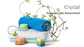  Presentation with burn - Presentation design with stacked towels with cosmetic cream burn candle and young green twigs on white background and a white colored foreground