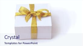  Presentation with gift ribbon - Amazing PPT theme having stacked white gift boxes with gold ribbon and bow isolated on a white background backdrop and a sky blue colored foreground