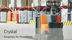  Presentation with pallet - Presentation theme enhanced with stacker truck equipment at warehouse background and a  colored foreground