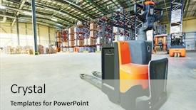  Presentation with pallet - Amazing slide deck having stacker truck equipment at warehouse backdrop and a light gray colored foreground