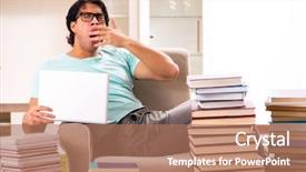  Presentation with many books - Audience pleasing slide deck consisting of stacks computer science - male student with many books backdrop and a  colored foreground