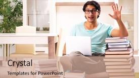  Presentation with many books - Beautiful PPT layouts featuring stacks computer science - male student with many books backdrop and a  colored foreground
