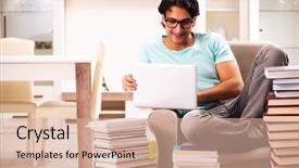  Presentation with many books - Cool new PPT theme with stacks computer science - male student with many books backdrop and a coral colored foreground