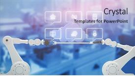  Presentation with machinery - Slides consisting of stacks computer science - smartphone apps icons against image background and a light blue colored foreground