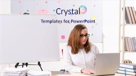  Presentation with front office - Amazing presentation theme having stacks computer science - woman sitting at the office backdrop and a  colored foreground