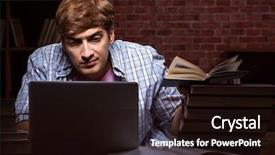  Presentation with student - Cool new slide set with stacks computer science - young handsome student preparing backdrop and a wine colored foreground