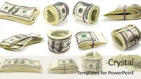  Presentation with background - Presentation theme having stacks money - collection dollars isolated on white background and a soft green colored foreground