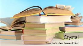  Presentation with natural - Cool new PPT layouts with stacks of books on table backdrop and a coral colored foreground