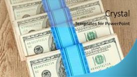  Presentation with dark vintage wood table texture - Colorful presentation design enhanced with stacks of money on wooden table backdrop and a coral colored foreground