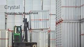  Presentation with organization - Beautiful slide set featuring stacks of new storage containers and load transportation machine on territory of modern organization backdrop and a light gray colored foreground