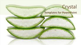  Presentation with aloe vera gel - Amazing theme having stacks of sliced aloe vera leaves showing the gel inside on a white glossy background with reflection backdrop and a soft green colored foreground