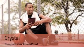  Presentation with basketball referee holding a basketball - Colorful PPT theme enhanced with stadium message - young cheerful african basketball player backdrop and a  colored foreground