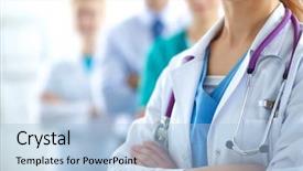  Presentation with staff - PPT theme having staff - attractive female doctor in front background and a light blue colored foreground