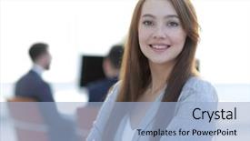  Presentation with office - Amazing theme having staff - business woman on blurred background backdrop and a light blue colored foreground