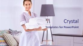  Presentation with clean - Audience pleasing PPT layouts consisting of staff - female chambermaid holding clean white backdrop and a sky blue colored foreground